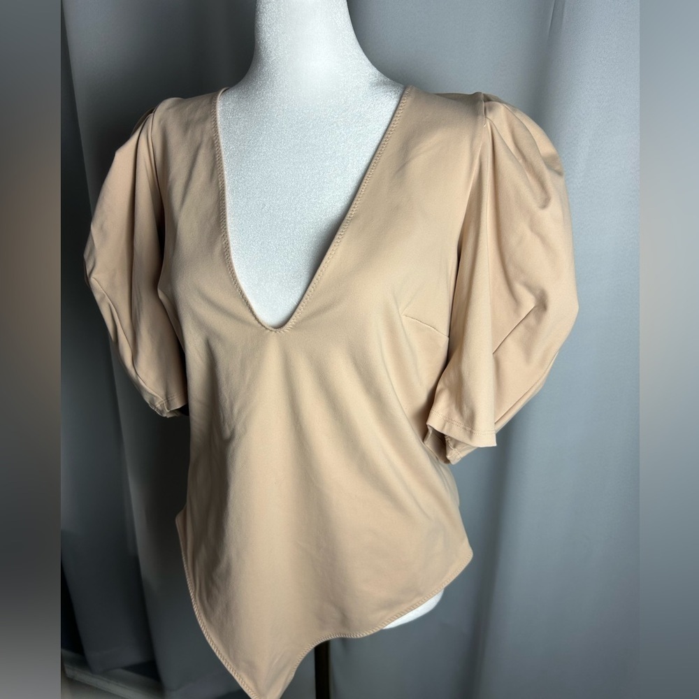 Free People Short Sleeve V-Neck Top in Beige